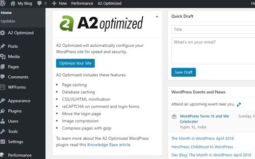 a2 hosting wordpress dashboard